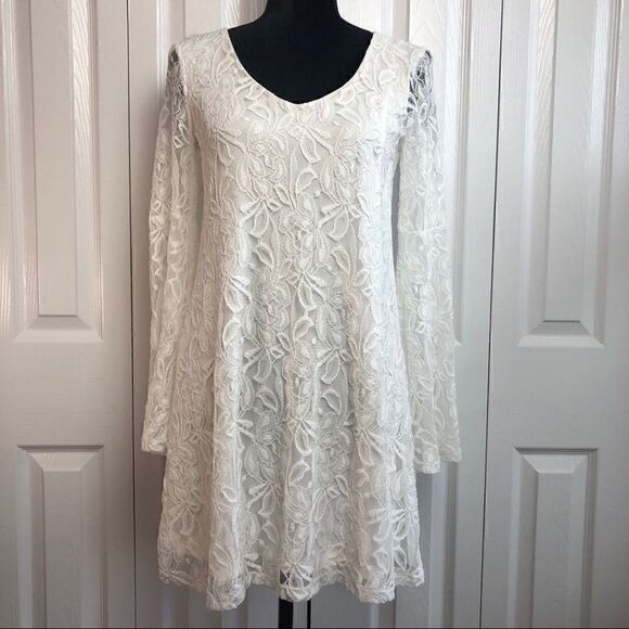 Socialite Dress Midi Wedding Ivory Lace Overlay Lace Bell Sleeves Small - Picture 2 of 7